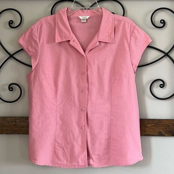 Christopher & Banks Linen Cotton Blend Pink Short Sleeve Layering Button Blouse - Picture 1 of 12